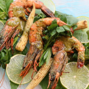 Tamarind, chili, fresh coriander and lime make these prawns with mint and watercress pretty irresitible to those partial to shellfish.  They can serve as a bright, fresh summer starter or part of a buffet table.

[Food made and photographed by Laura Donohue, Cottage Garden Cookery]
