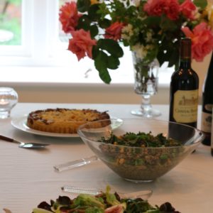 This event had three courses, served in different parts of the house and garden. This middle course was roast lamb and fresh fig salad, a lentil and tahini side dish, and a main-dish vegetable tart.  It made for a leisurely and varied afternoon for guests and hosts that accommodated a variety of tastes and dietary requirements.

[Food made and photographed by Laura Donohue, Cottage Garden Cookery]