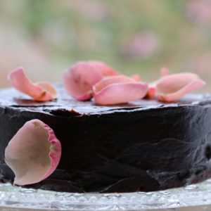 Elegant Belgian chocolate torte with edible rose petals.

[Food made and photographed by Laura Donohue, Cottage Garden Cookery]